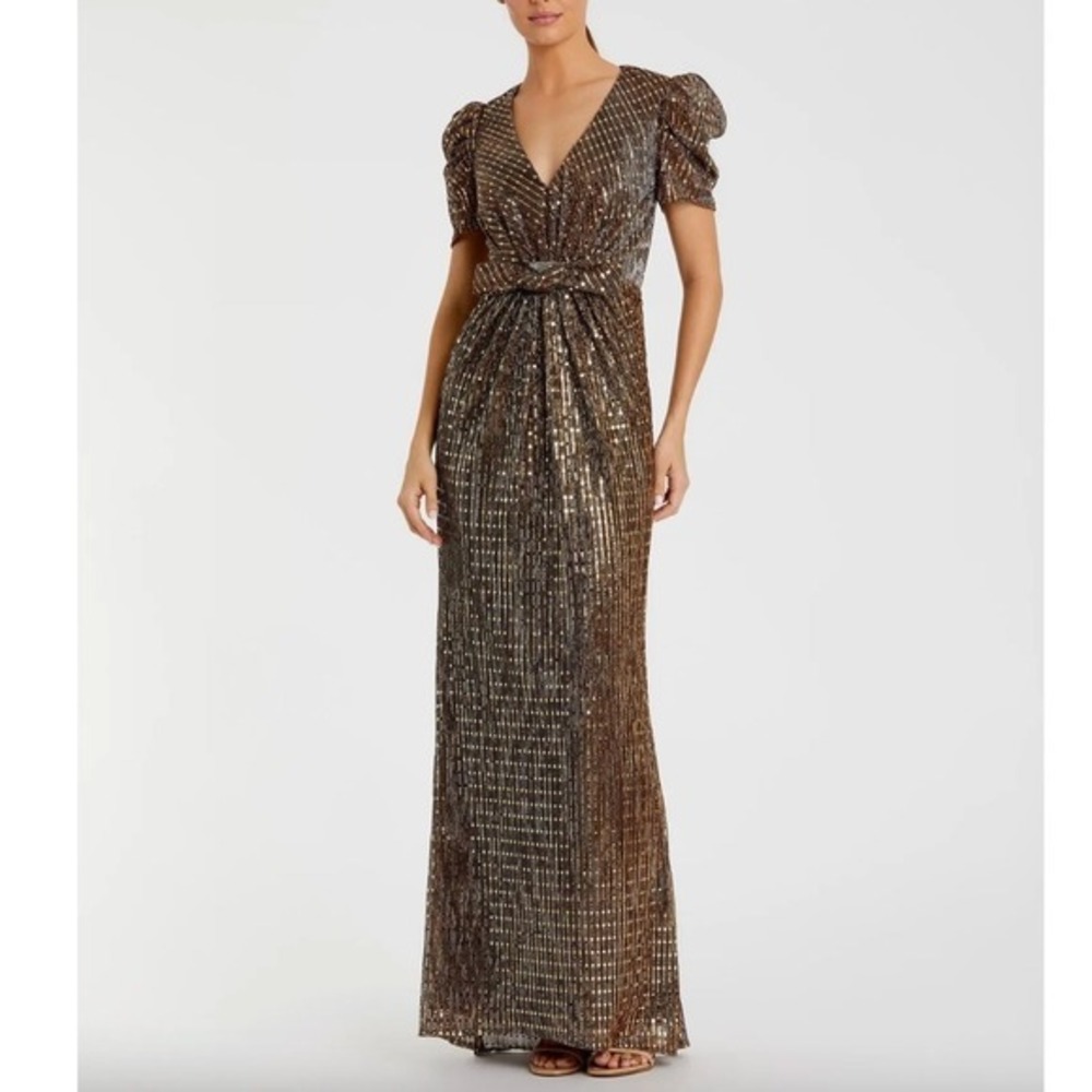 MAC‎ DUGGAL Brown Bow Waist Cap Sleeve Metallic Gown